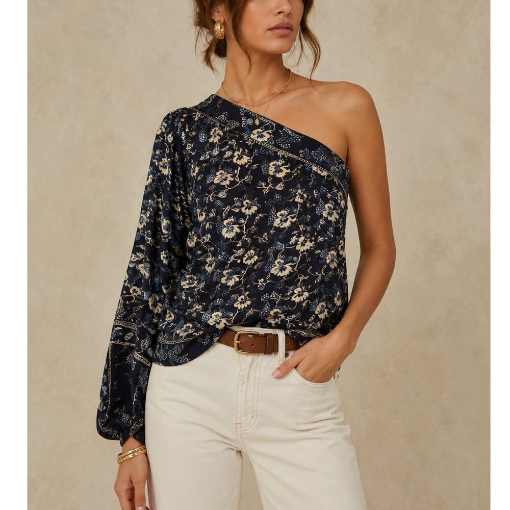 Ulla Johnson Asima One Shoulder Blouse Indigo Batik Print Women’s Size 6